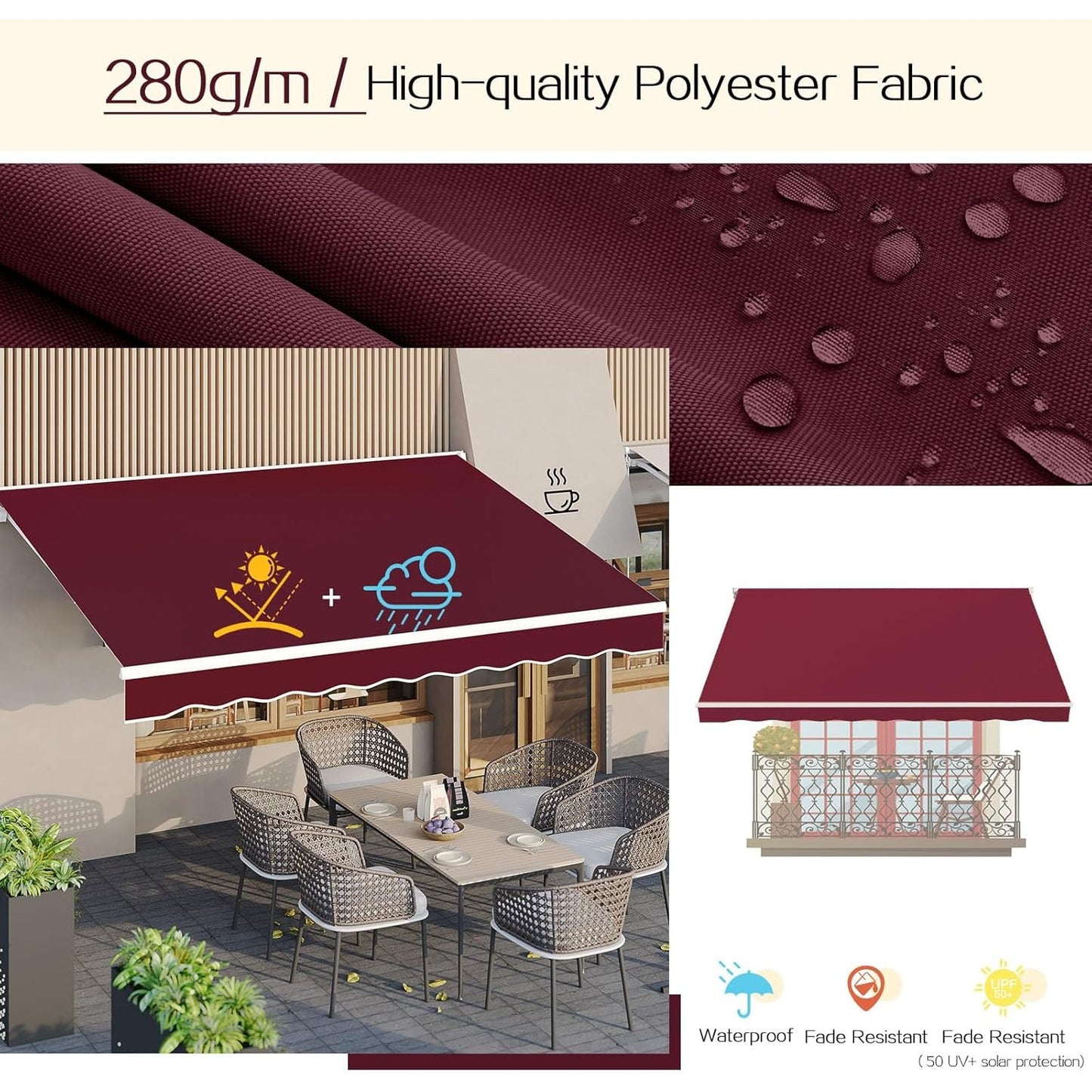 YODOLLA 305 × 244 cm Retractable Manual Awning, Folding Awning with Hand Crank Patio