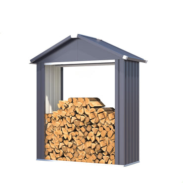 YODOLLA Heavy Duty Galvanized Steel Log Store Outdoor Firewood Shelter with Apex Roof, Grey