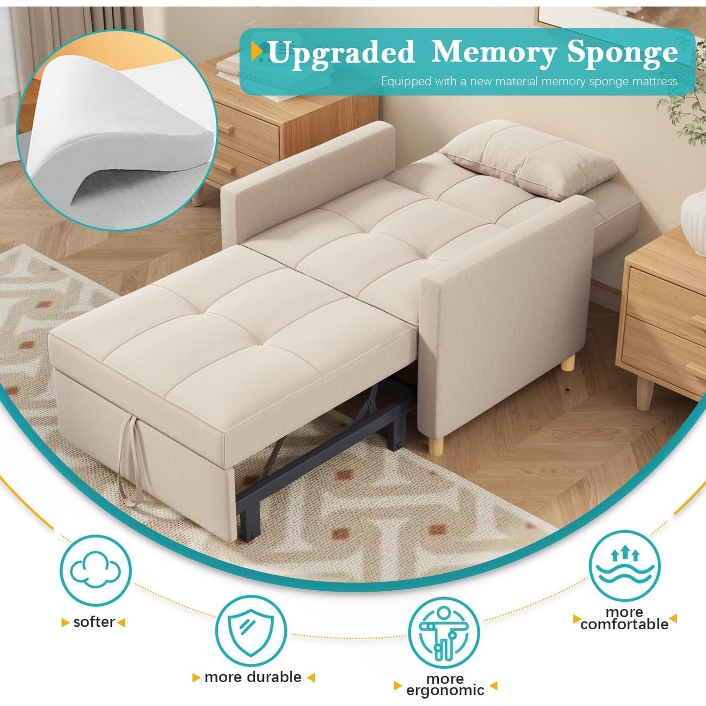 YODOLLA 175cm Single Sofa Bed Chair,3-in-1 Sleeper Armchair Convertible