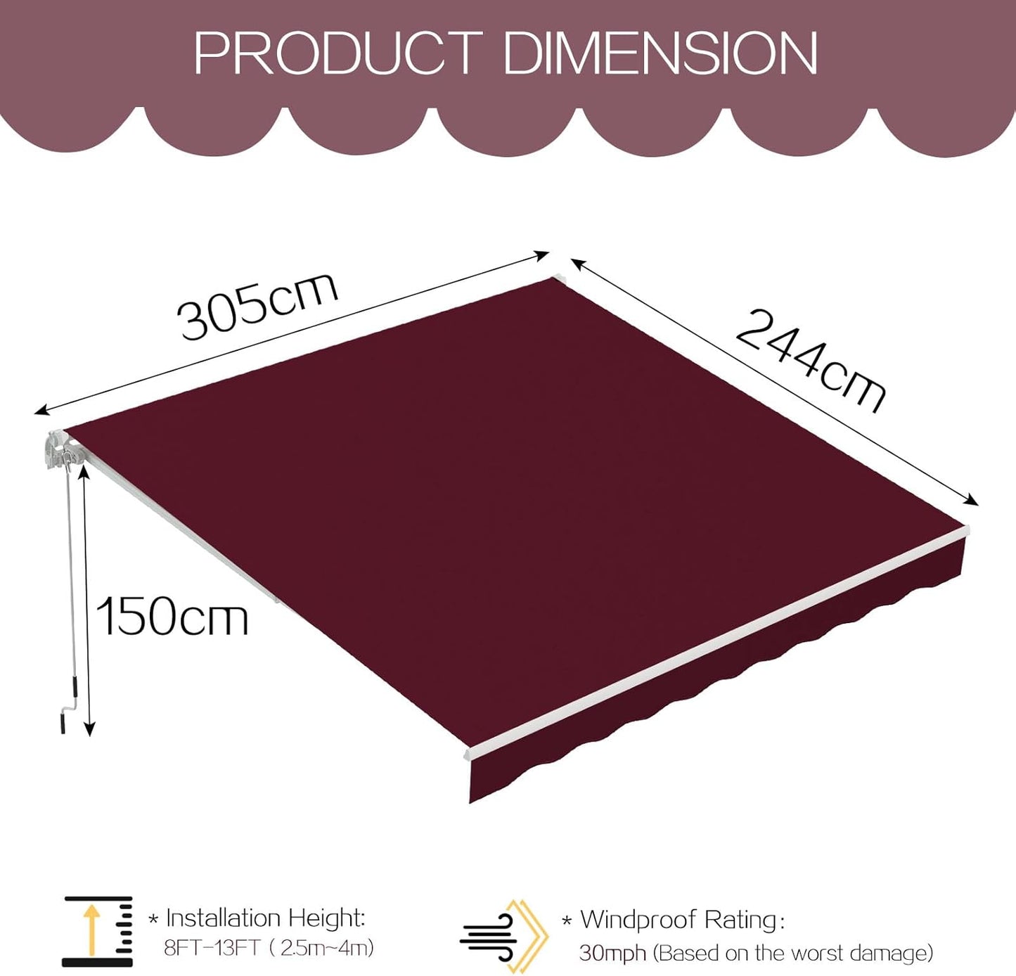YODOLLA 305 × 244 cm Retractable Manual Awning, Folding Awning with Hand Crank Patio