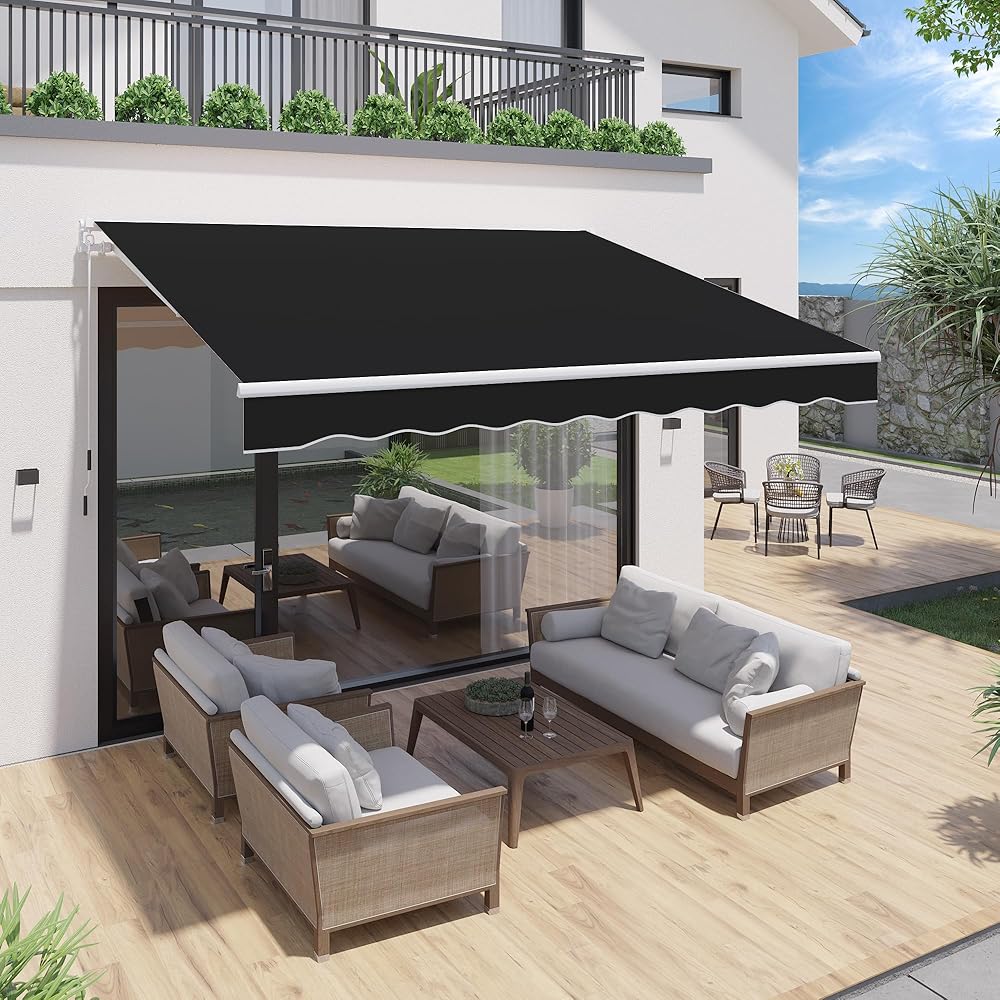 YODOLLA 305 × 244 cm Retractable Manual Awning, Folding Awning with Hand Crank Patio