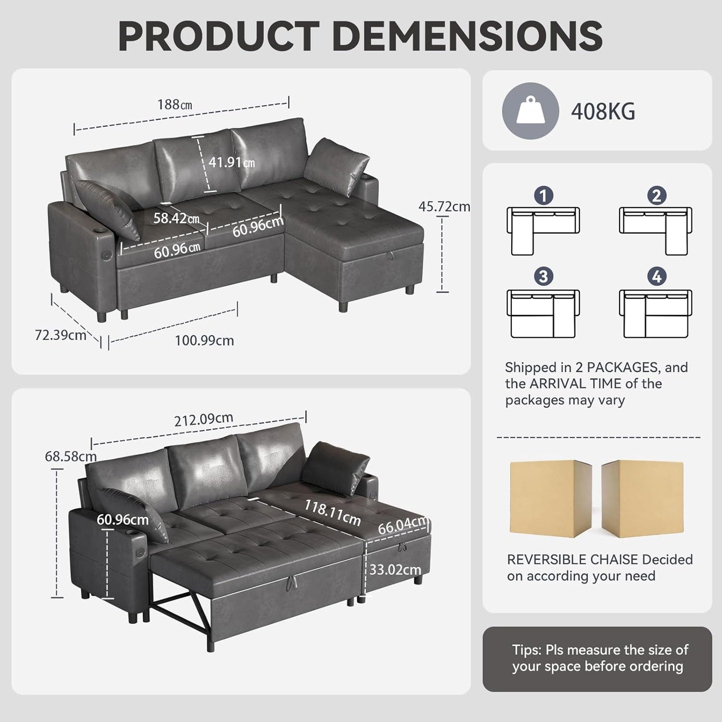 YODOLLA Faux Leather L-Shaped Sleeper Sofa, Pullout Bed, USB & Storage, Black