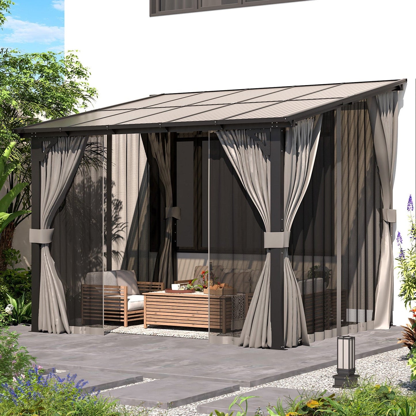 YODOLLA 2.4 X 3 m Small Wall-Mounted Lean to Pergola Gazebo with Curtains and Netting