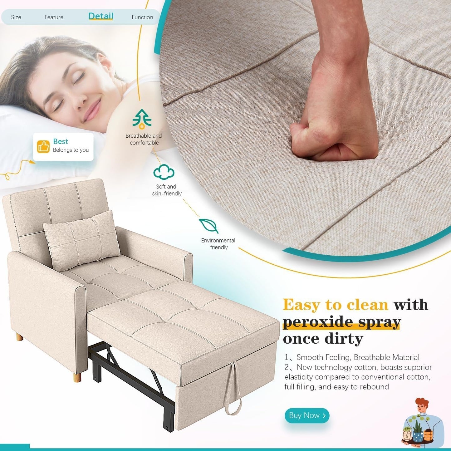 YODOLLA 175cm Single Sofa Bed Chair,3-in-1 Sleeper Armchair Convertible