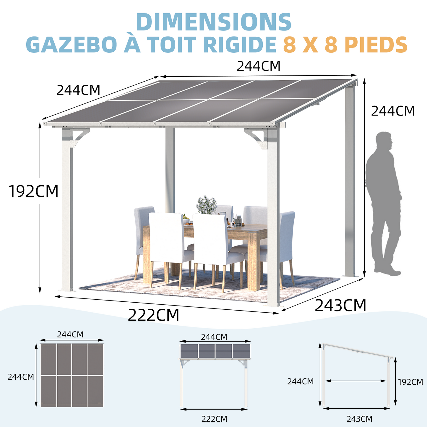 YODOLLA 2.4m x 2.4m Wall-Mounted Aluminium Awning Gazebo, Lean to Pergola