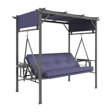 YODOLLA 2-in-1 Convertible Porch Swing Bed 3 Seat, Outdoor Patio Metal Pergola Swing