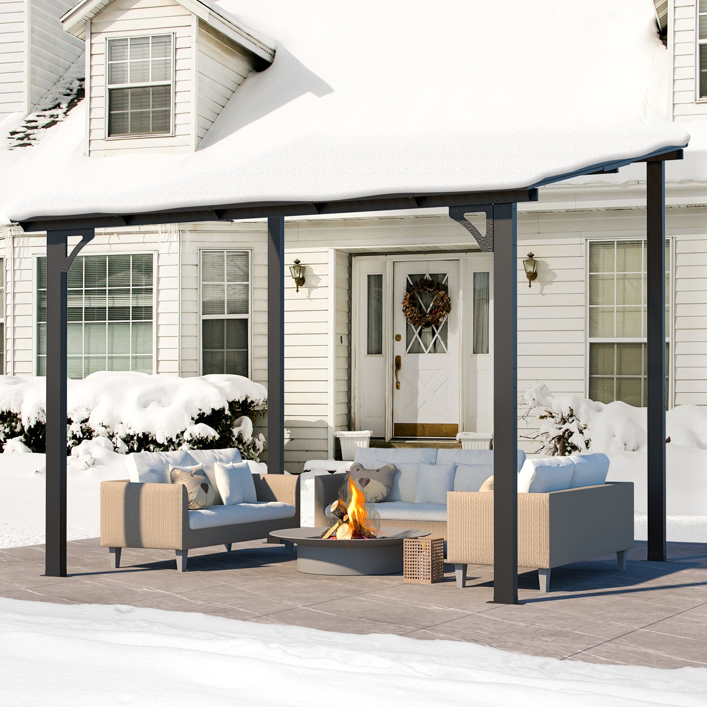 YODOLLA 2.4m x 3m Wall-Mounted Aluminium Awning Gazebo, Lean to Pergola