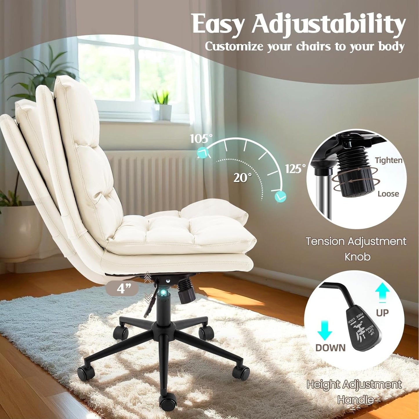 YODOLLA Armless Office Chair Wide Seat, Height Adjustable Computer Swivel Vanity Chairs