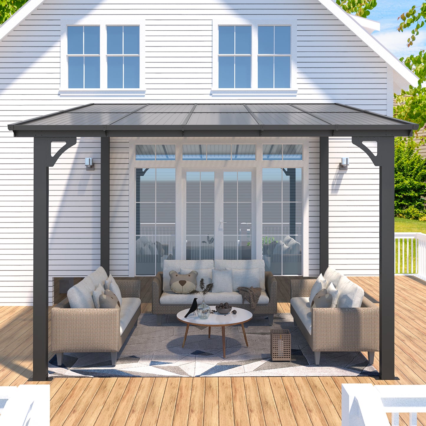 YODOLLA 2.4m x 3m Wall-Mounted Aluminium Awning Gazebo, Lean to Pergola