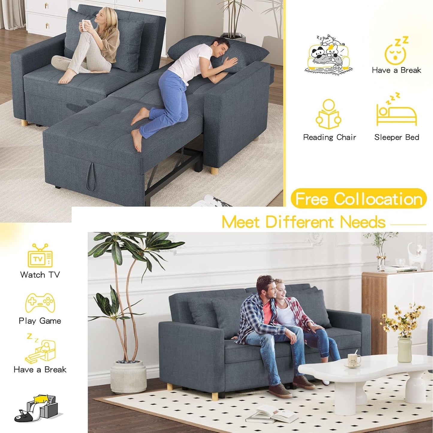 YODOLLA Sofa Bed Sleeper Pull Out Convertible, 2-Seater 3-in-1 Sofa Couch Beds