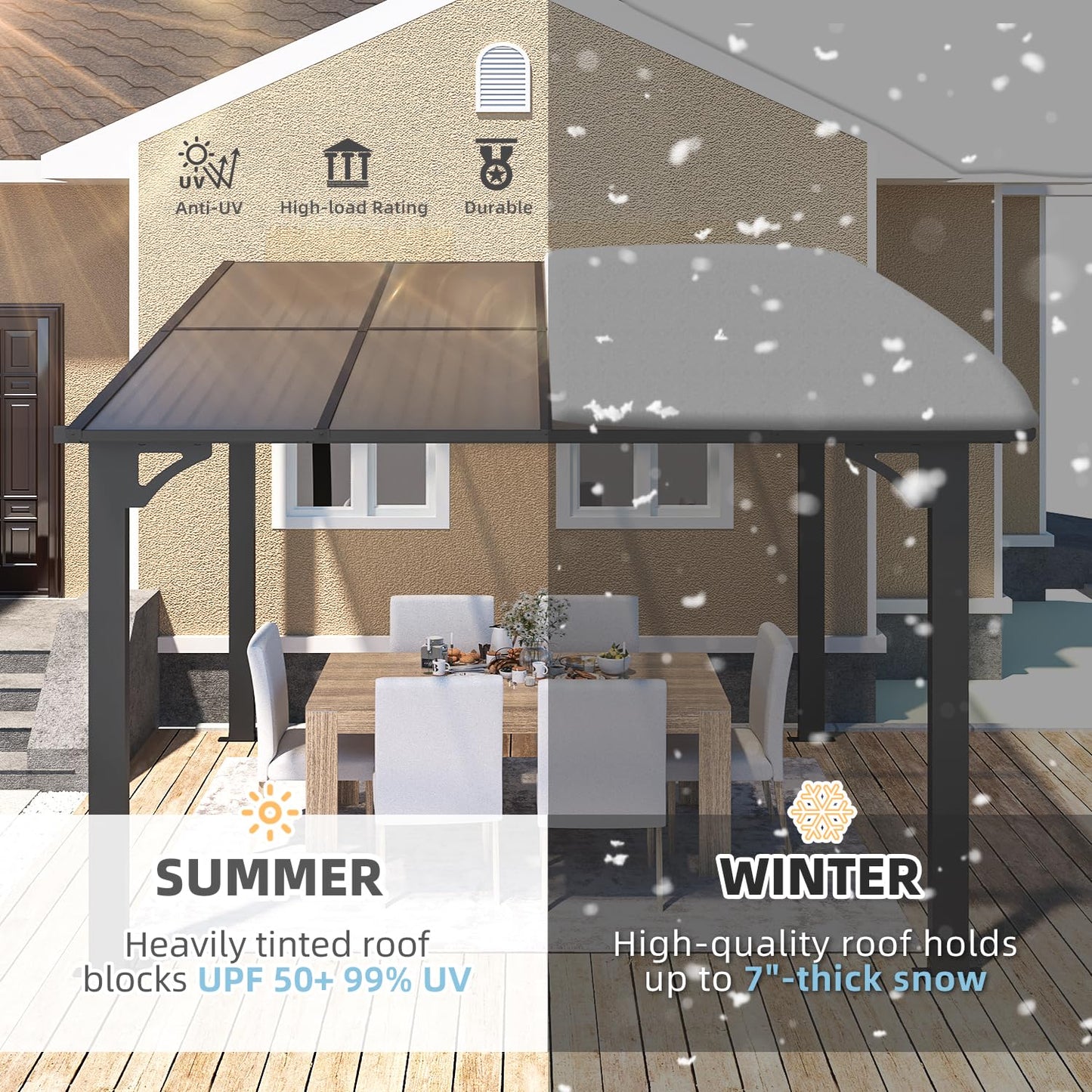 YODOLLA 2.4m x 2.4m Wall-Mounted Aluminium Awning Gazebo, Lean to Pergola
