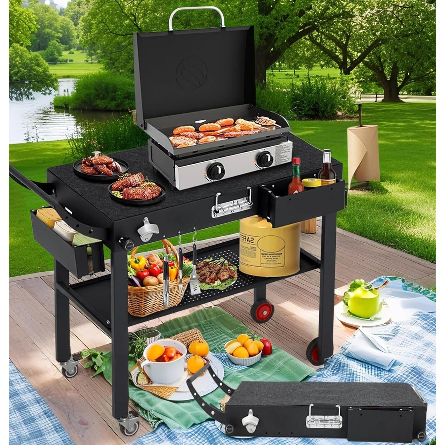 YODOLLA Foldable Pizza Oven Stand, Grill Cart Trolley on Wheels & Handle