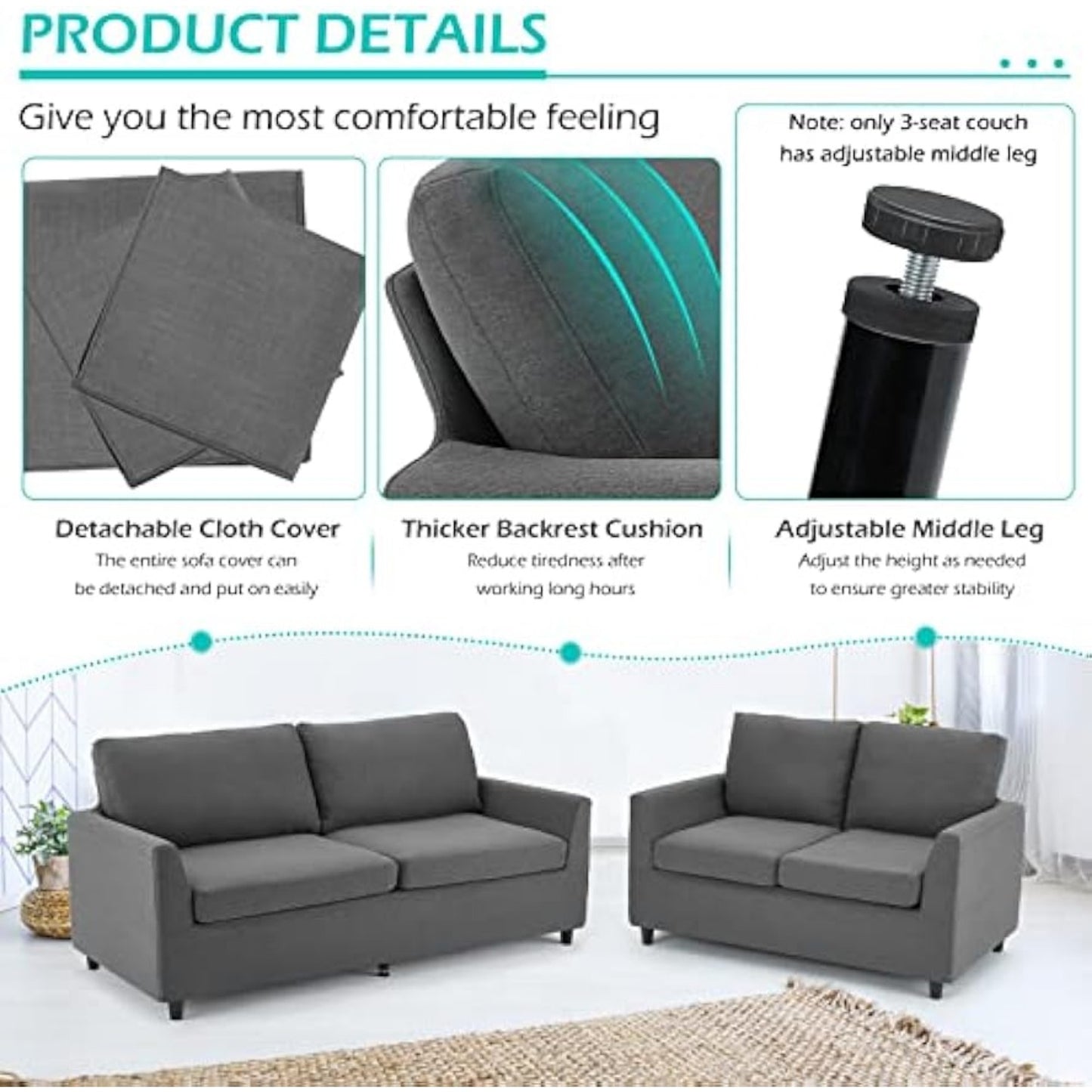 YODOLLA 3 Seater Sofa 192cm with Removable Sofa Covers, Dark Grey