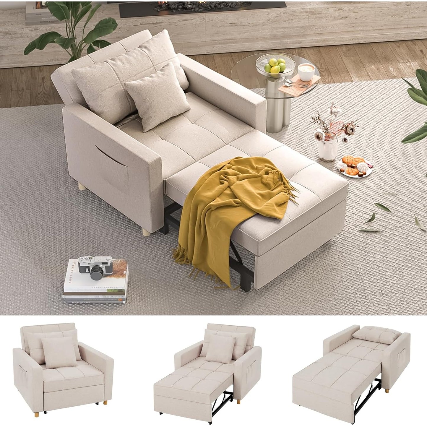 YODOLLA 3-in-1 Sleeper Sofa Bed, 192cm Convertible Single Sofa, Adjustable Armchair