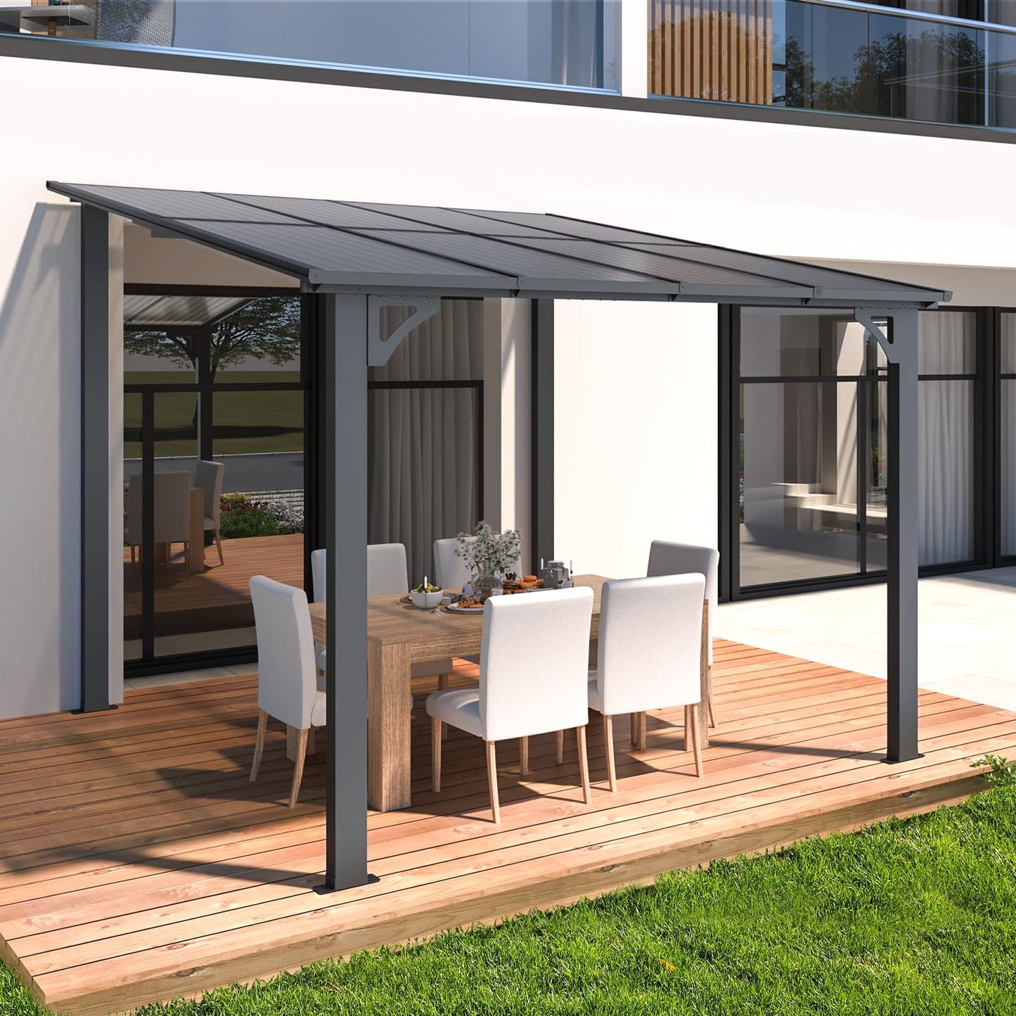 YODOLLA 2.4m x 2.4m Wall-Mounted Aluminium Awning Gazebo, Lean to Pergola