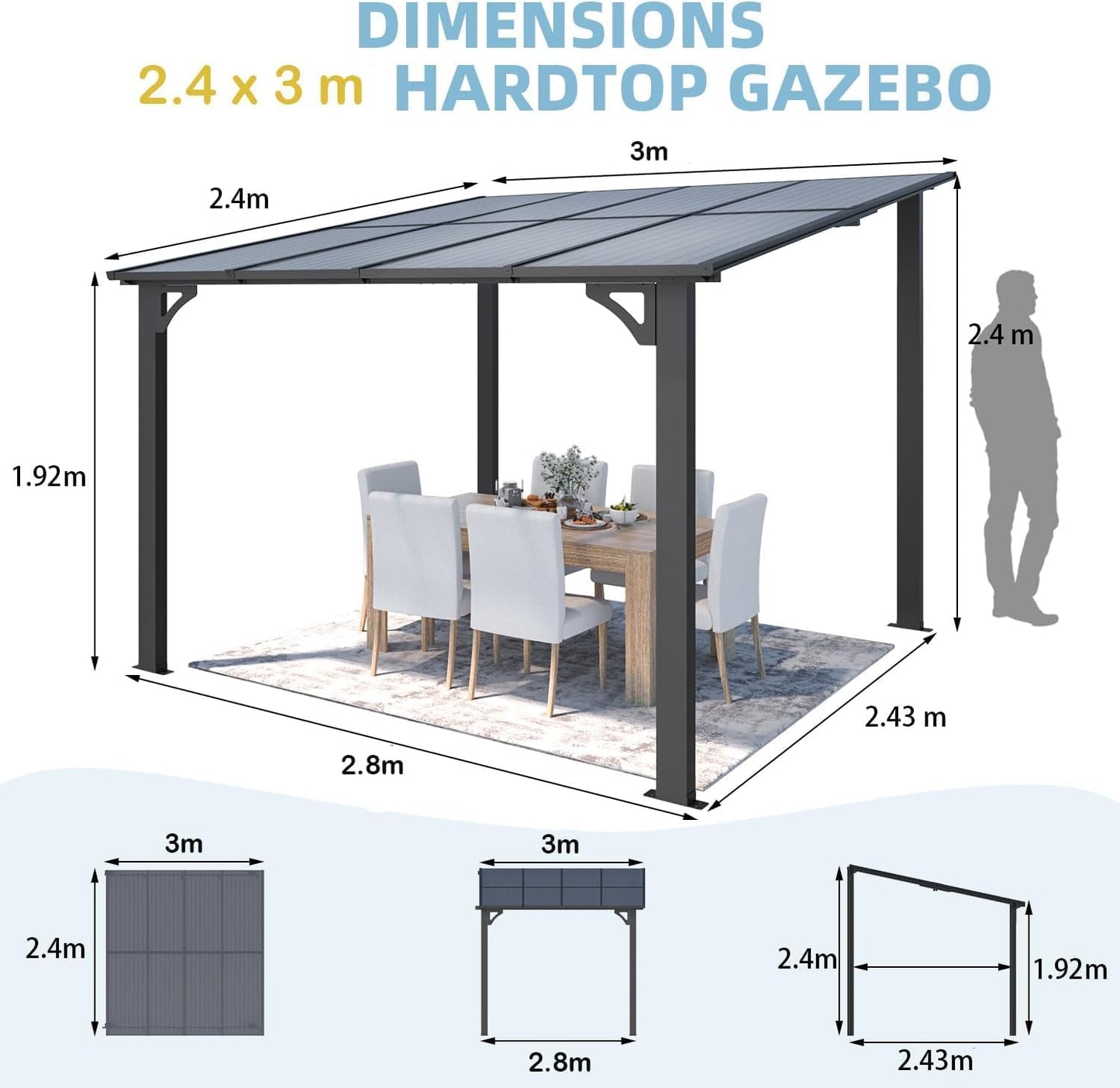 YODOLLA 2.4m x 3m Wall-Mounted Aluminium Awning Gazebo, Lean to Pergola