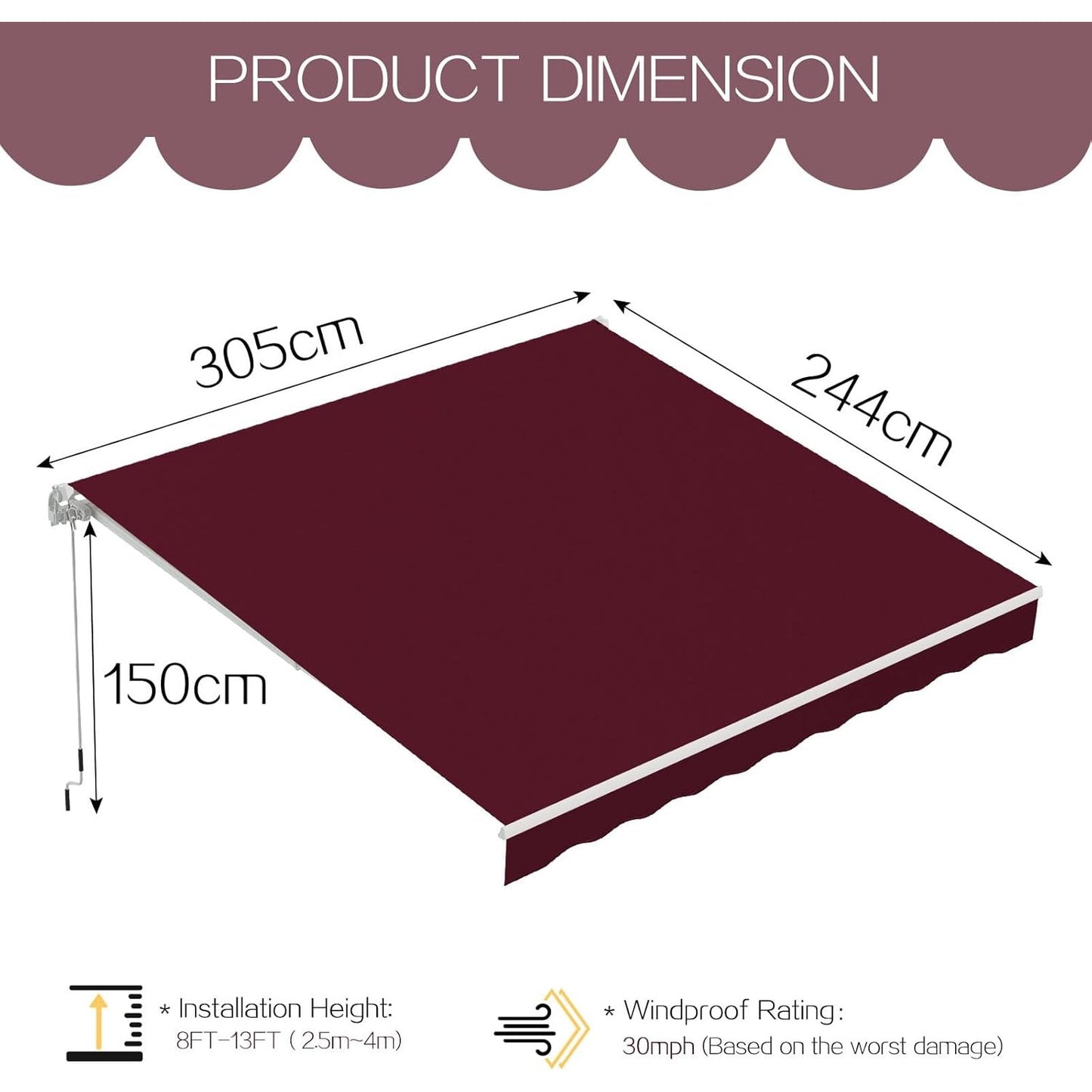 YODOLLA 396 × 244 cm Retractable Manual Awning, Folding Awning with Hand Crank Patio