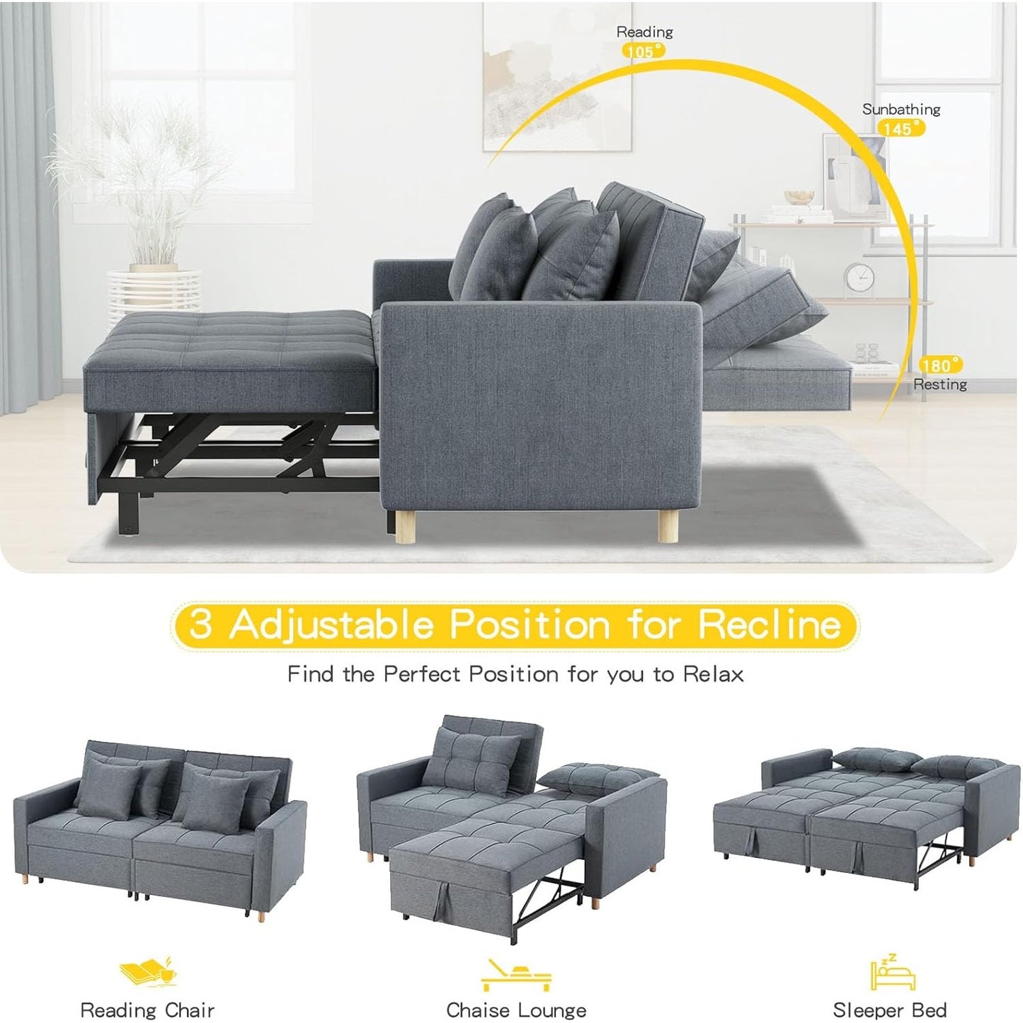 YODOLLA Sofa Bed Sleeper Pull Out Convertible, 2-Seater 3-in-1 Sofa Couch Beds