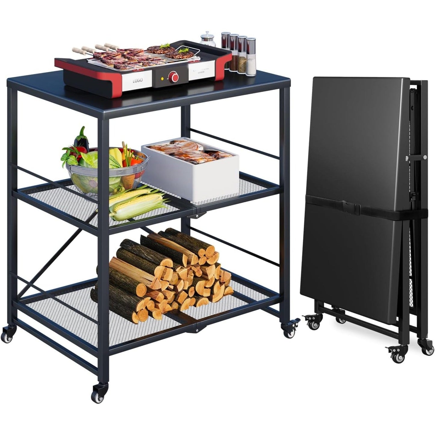 YODOLLA Foldable Stainless Pizza Oven Table,3-Tier Outdoor Grill Cart Trolley on Wheels