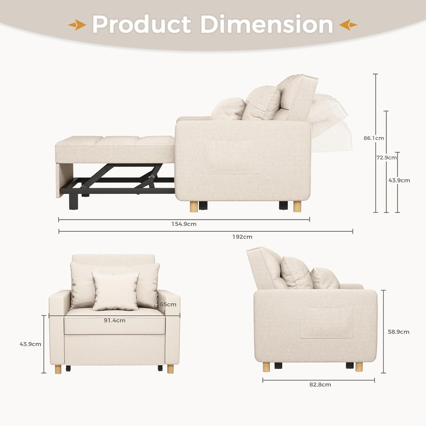 YODOLLA 3-in-1 Sleeper Sofa Bed, 192cm Convertible Single Sofa, Adjustable Armchair