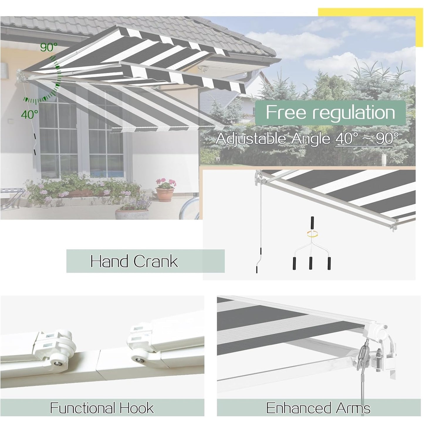 YODOLLA 396 × 244 cm Retractable Manual Awning, Folding Awning with Hand Crank Patio