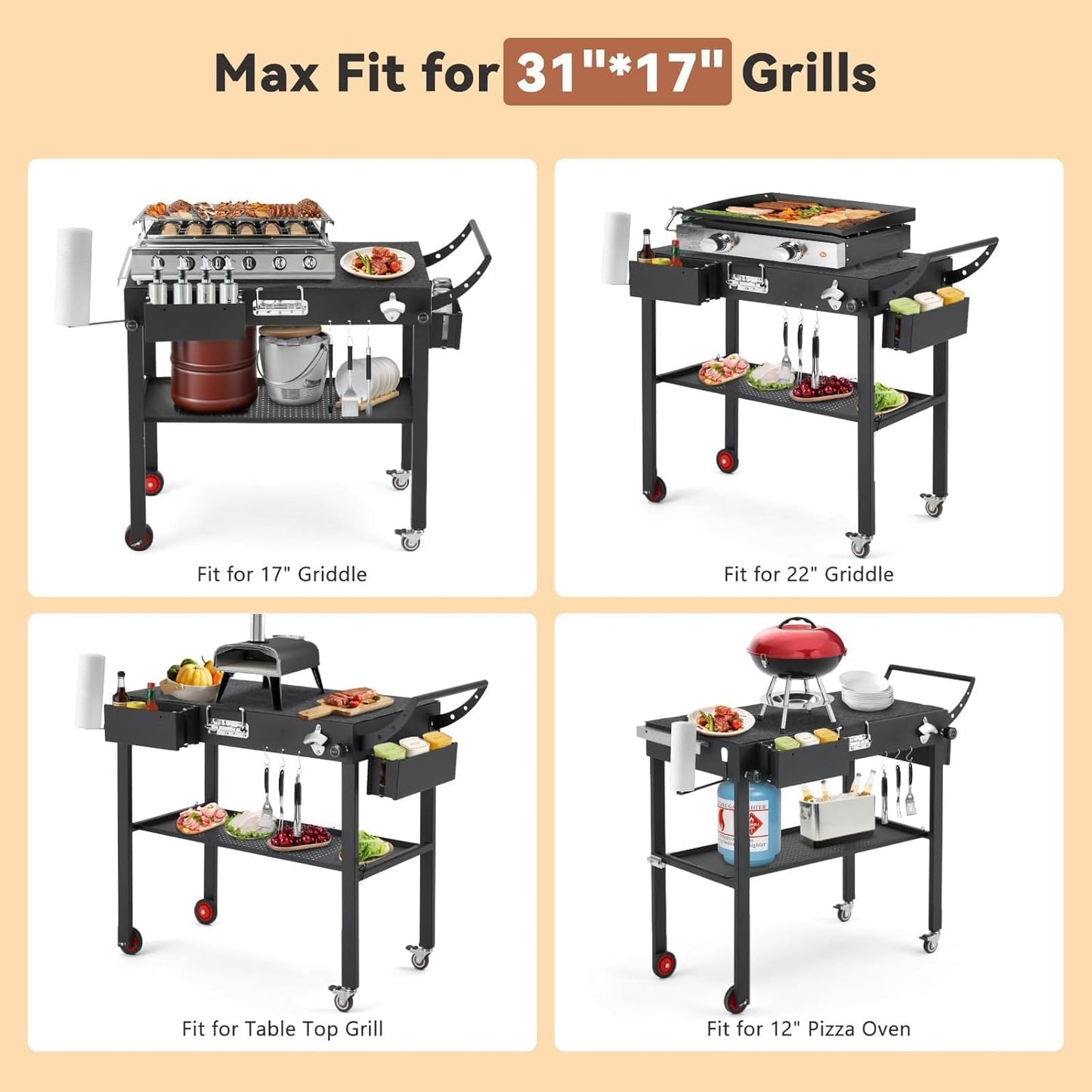 YODOLLA Foldable Pizza Oven Stand, Grill Cart Trolley on Wheels & Handle
