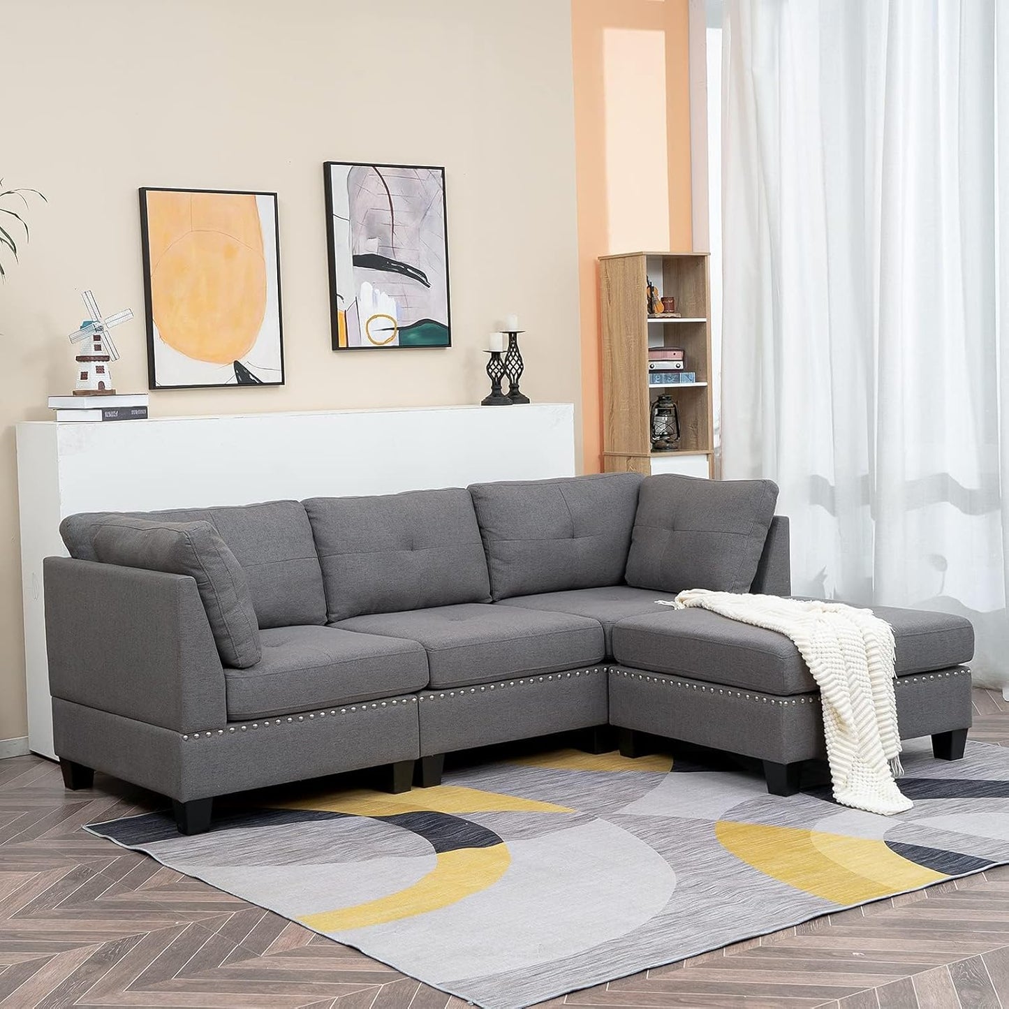 YODOLLA 225cm L-Shaped Corner Sofa, 3-4 Seater Modern Sofa Couch with Footstool