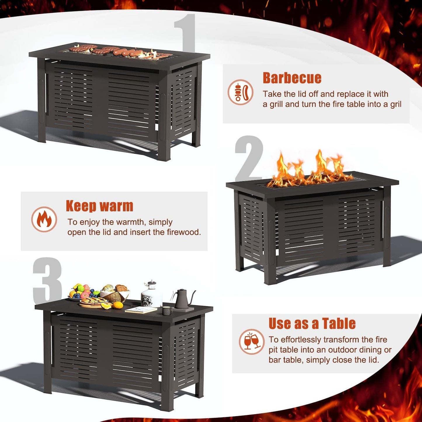 YODOLLA Large Fire Pit Table, Metal Fire Pits for Outdoor BBQ