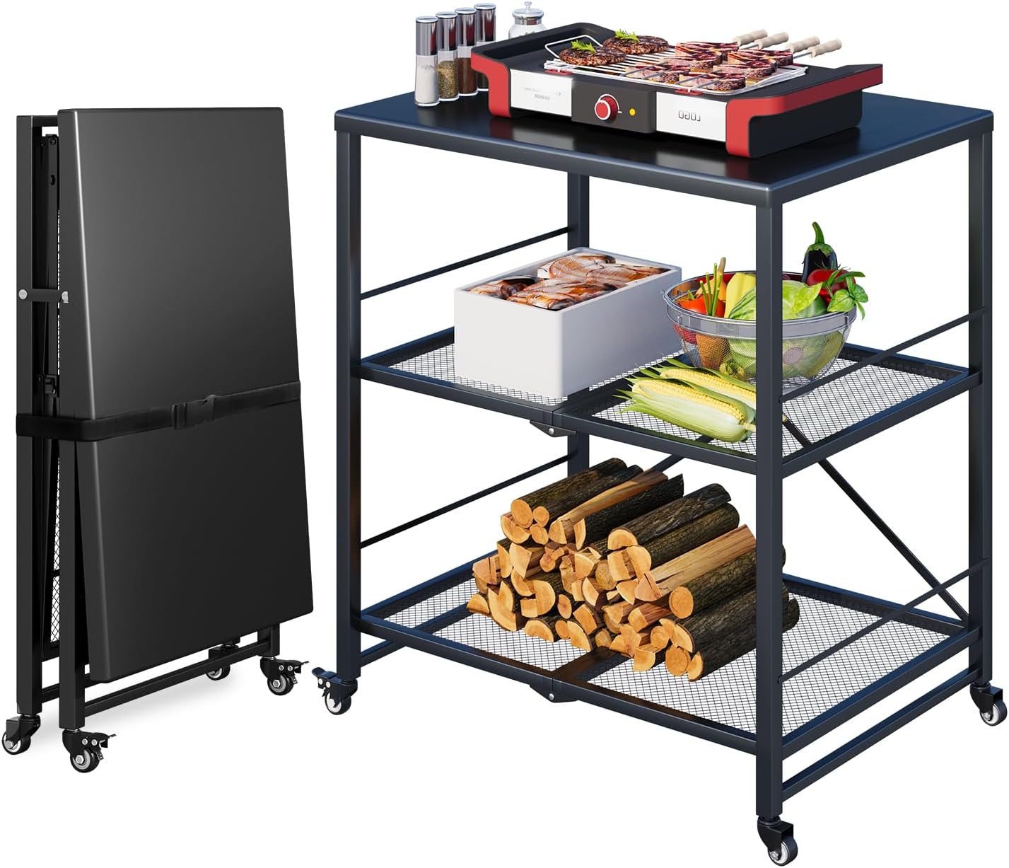 YODOLLA Foldable Stainless Pizza Oven Table,3-Tier Outdoor Grill Cart Trolley on Wheels