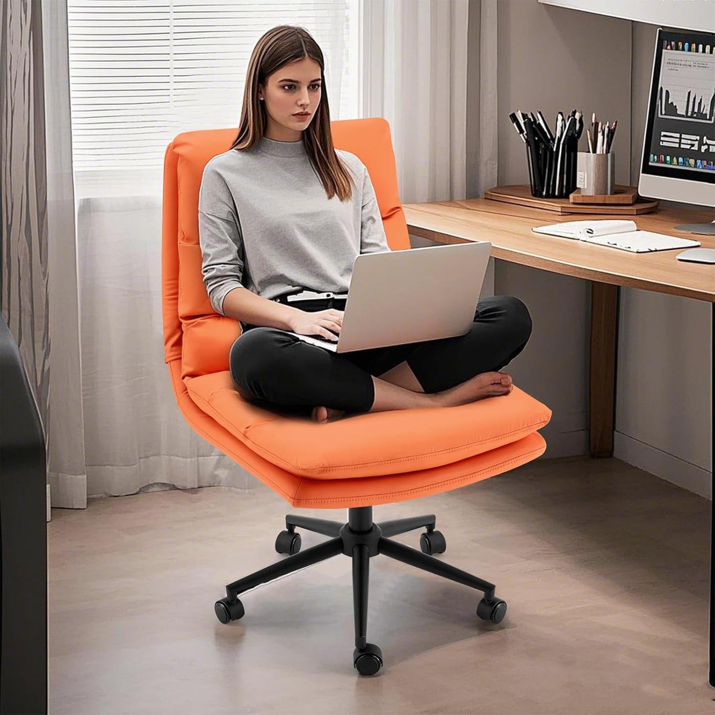 YODOLLA Armless Office Chair Wide Seat, Height Adjustable Computer Swivel Vanity Chairs
