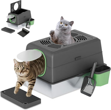 YODOLLA Stainless Steel Cat Litter Tray with Lid, Dual Doors, Scoop, Mat & Steps