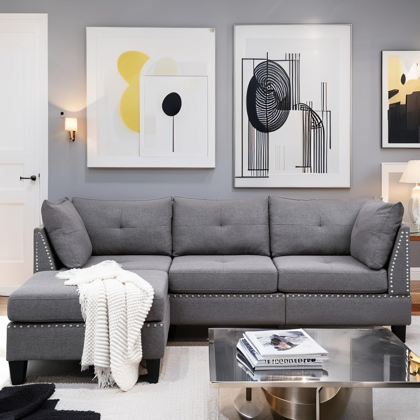 YODOLLA 225cm L-Shaped Corner Sofa, 3-4 Seater Modern Sofa Couch with Footstool