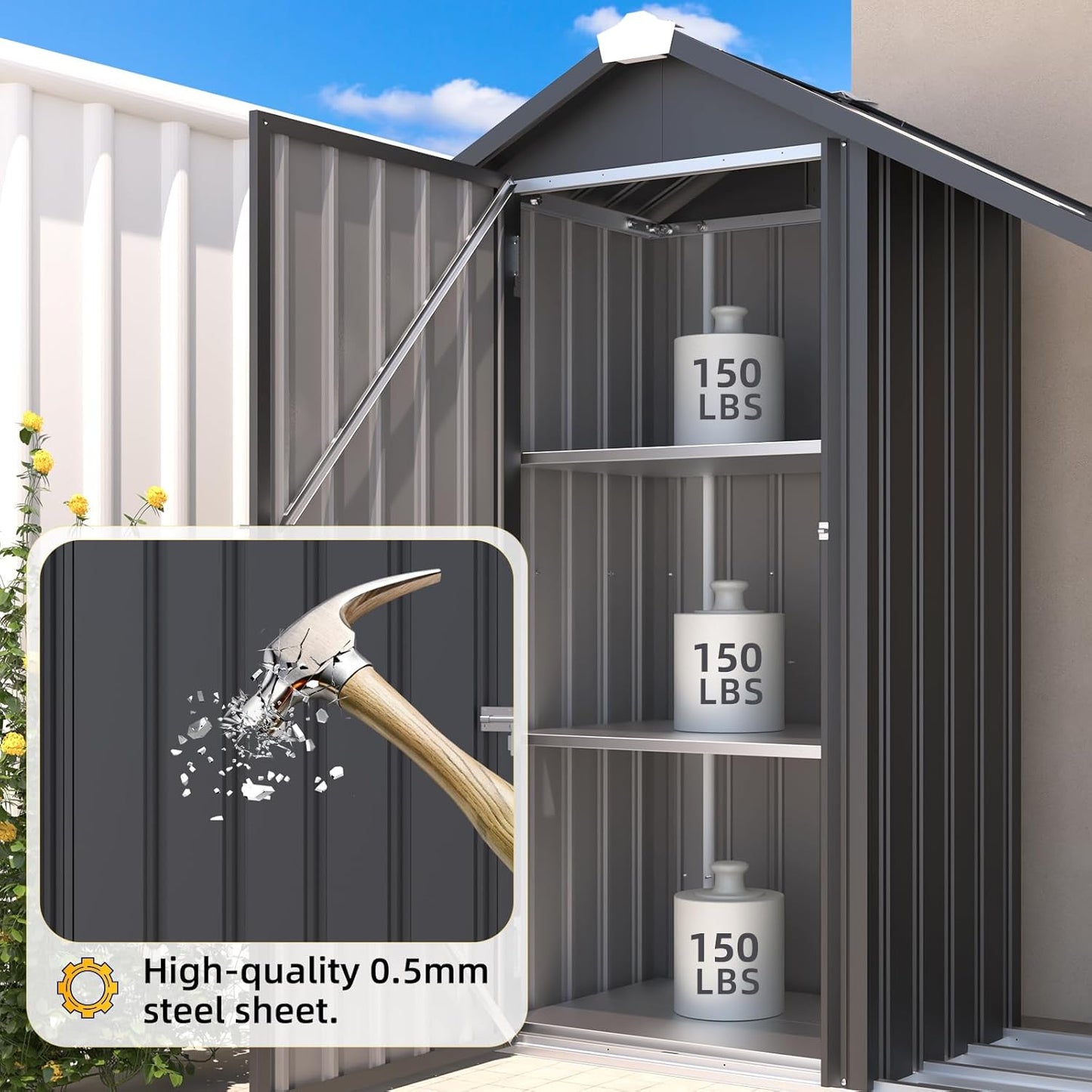 YODOLLA Outdoor Tall Garden Storage Box with Double Door, Grey