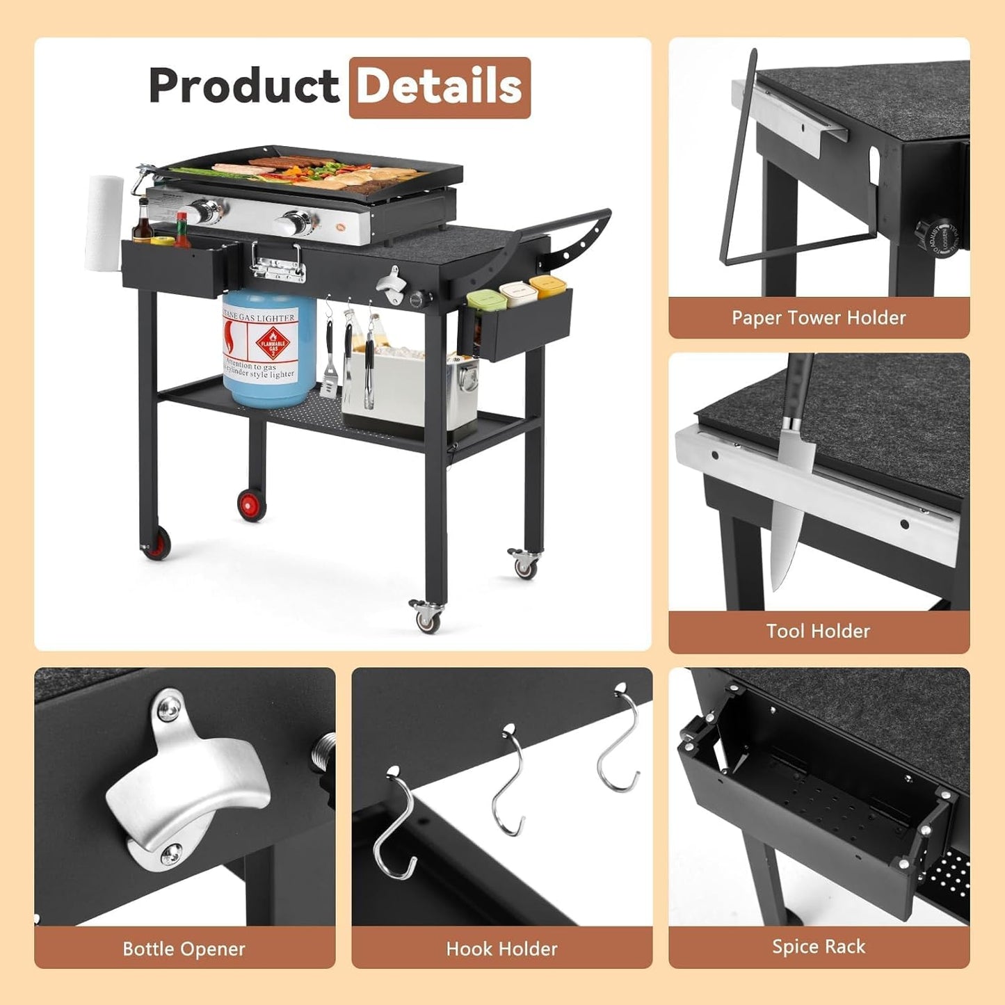 YODOLLA Foldable Pizza Oven Stand, Grill Cart Trolley on Wheels & Handle