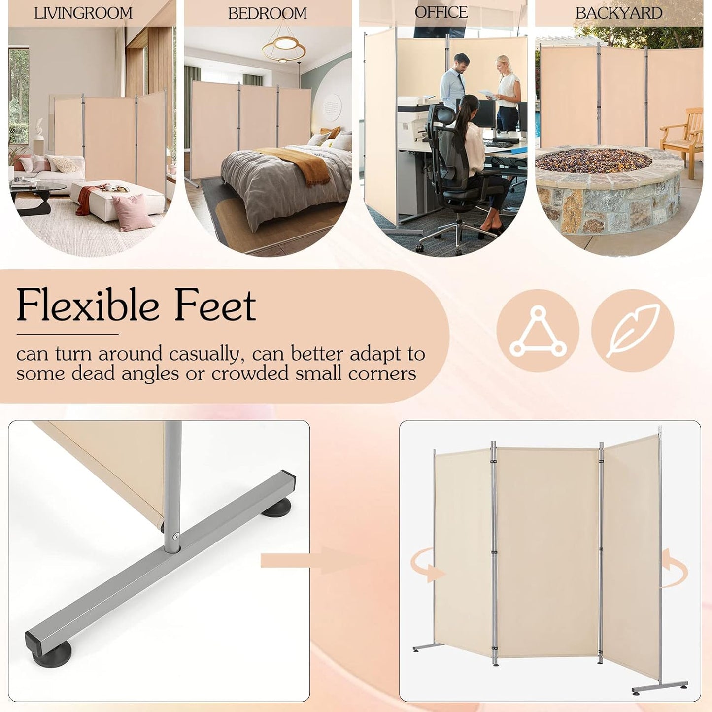 YODOLLA 260CM 3-Panel Room Divider, Wall Divider Movable Partition