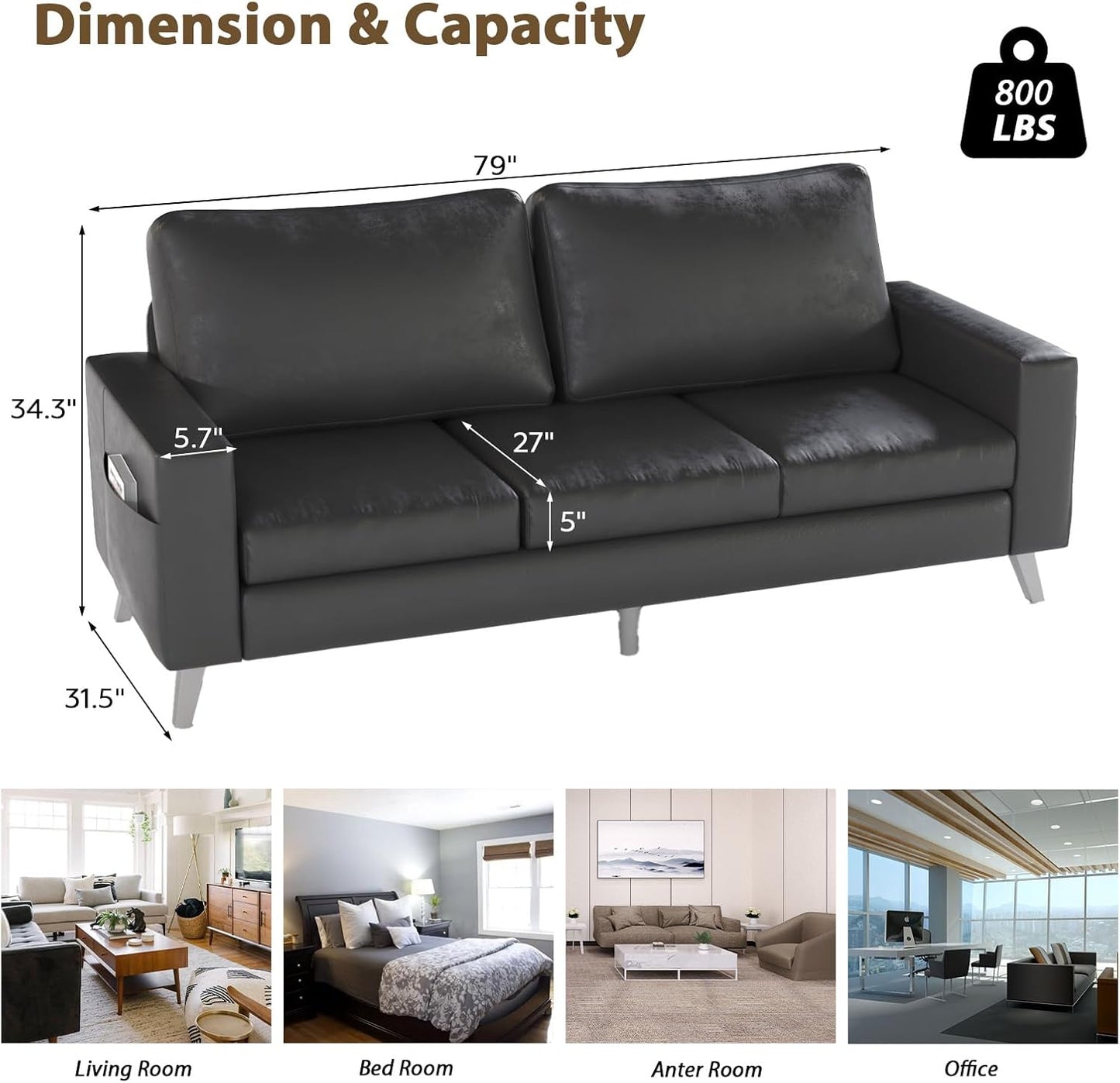 YODOLLA 3 Seater Sofa Faux Leathe rModern Sofa Couch