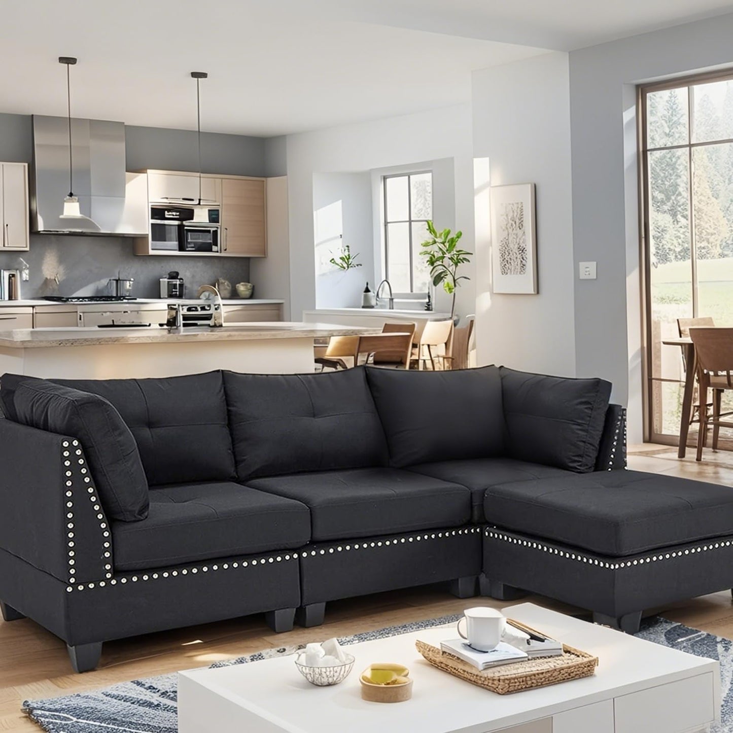 YODOLLA 225cm L-Shaped Corner Sofa, 3-4 Seater Modern Sofa Couch with Footstool