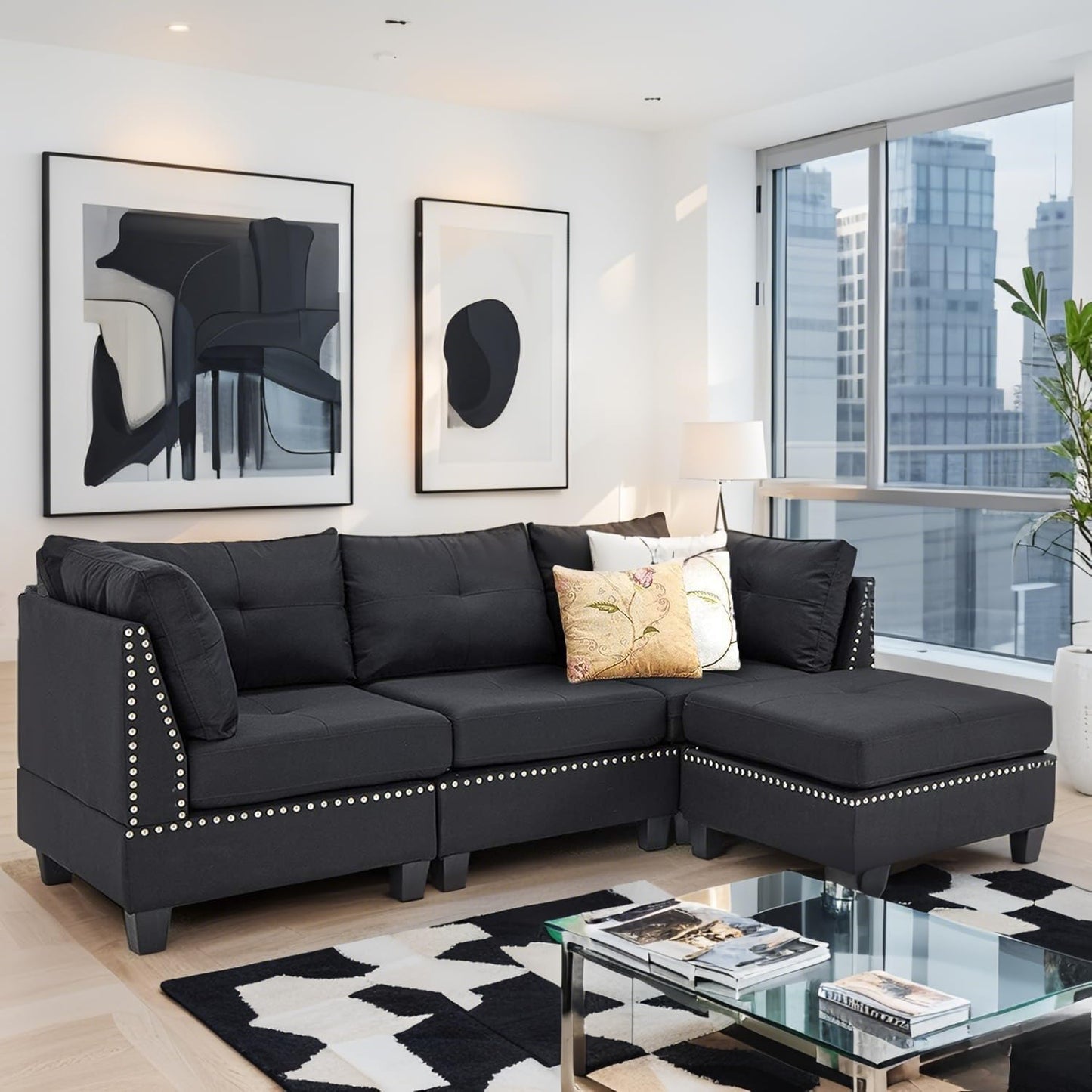 YODOLLA 225cm L-Shaped Corner Sofa, 3-4 Seater Modern Sofa Couch with Footstool