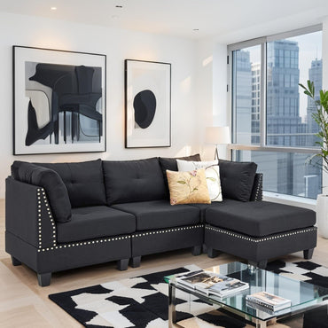 YODOLLA 225cm L-Shaped Corner Sofa, 3-4 Seater Modern Sofa Couch with Footstool