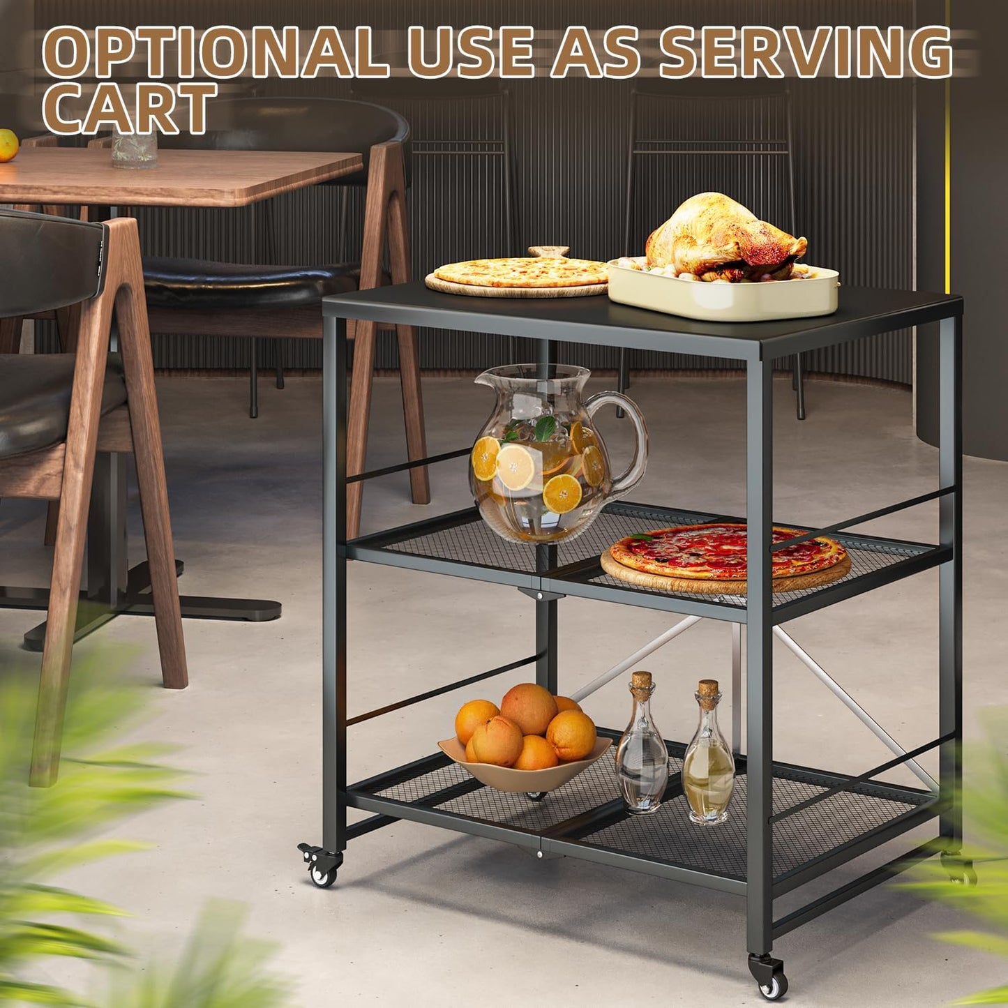 YODOLLA Foldable Stainless Pizza Oven Table,3-Tier Outdoor Grill Cart Trolley on Wheels