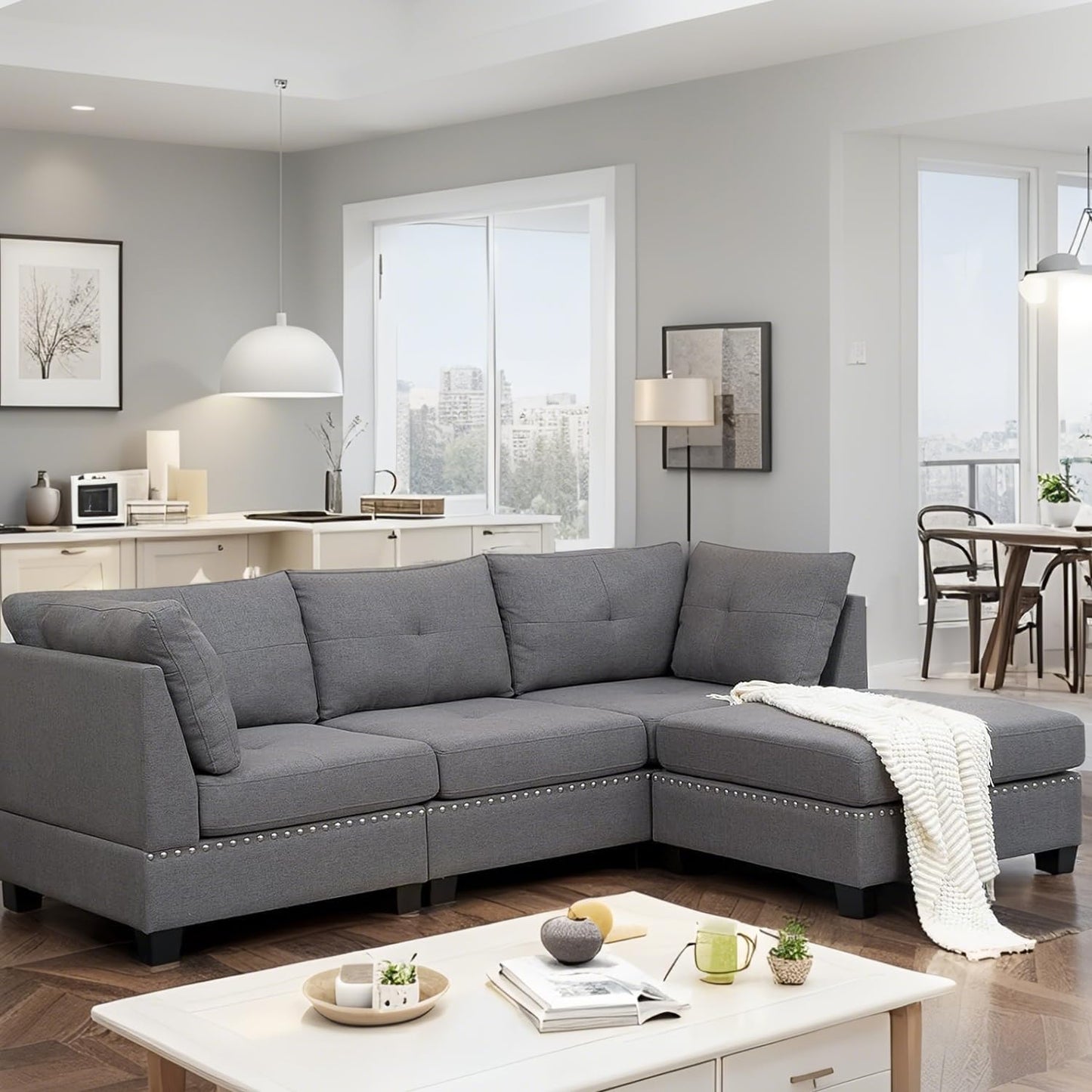 YODOLLA 225cm L-Shaped Corner Sofa, 3-4 Seater Modern Sofa Couch with Footstool