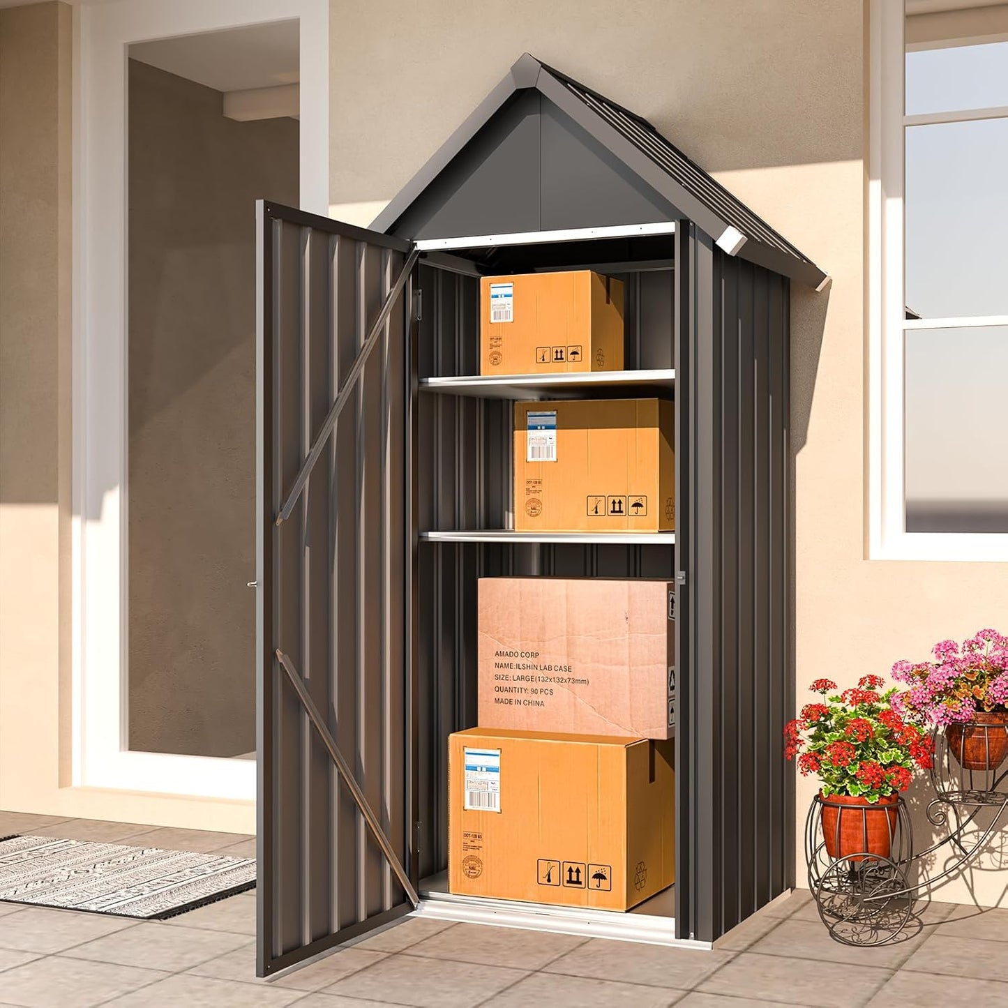 YODOLLA Outdoor Tall Garden Storage Box with 3 Adjustable Shelves