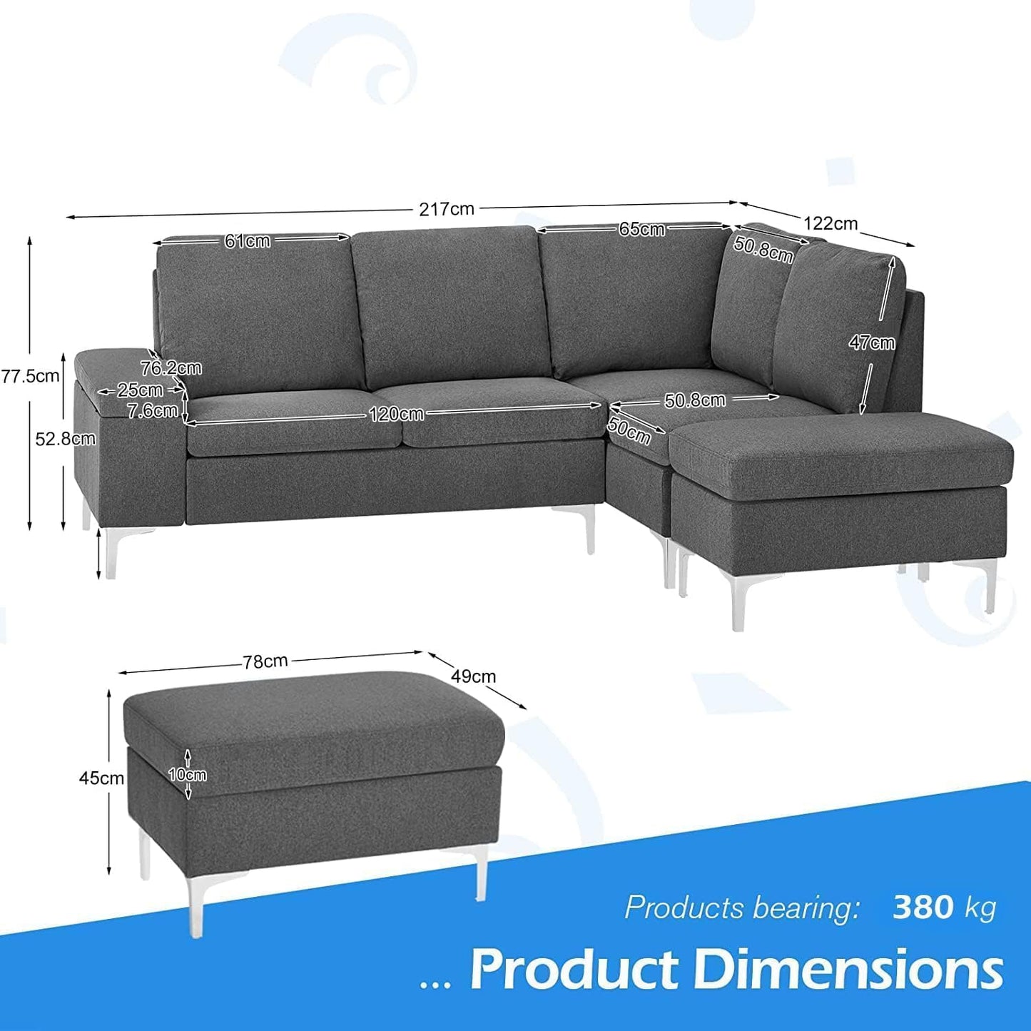 YODOLLA Corner Sofa with Storage, 217cm L Shaped 4 Seater Corner Sofa Couch