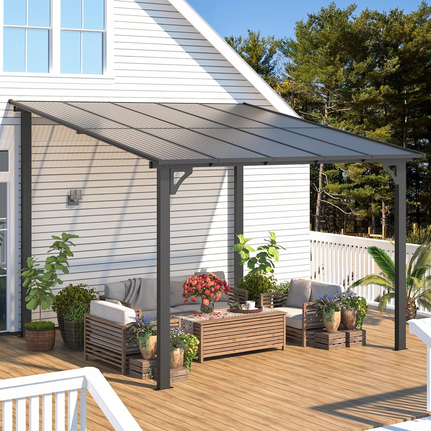 YODOLLA 3m x 3m Wall-Mounted Aluminium Awning Gazebo, Lean to Pergola