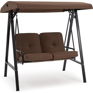 YODOLLA 2 Seater Garden Swing Chair with Adjustable Canopy & Cushions-Brown