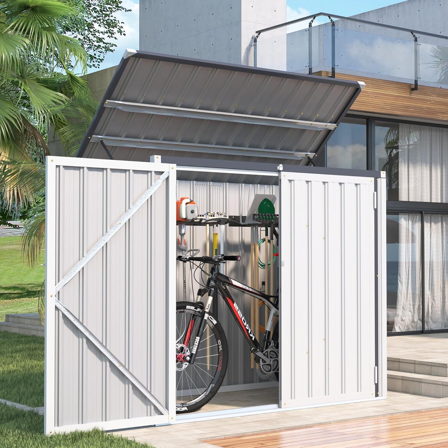 YODOLLA Outdoor Trash Can Storage Shed, Garden Storage Box, Metal Outdoor Shed with Double Door