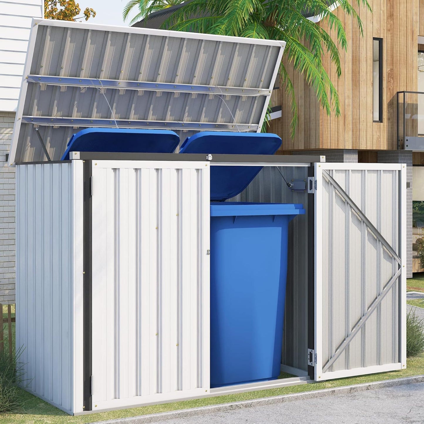 YODOLLA Outdoor Trash Can Storage Shed, Garden Storage Box, Metal Outdoor Shed with Double Door