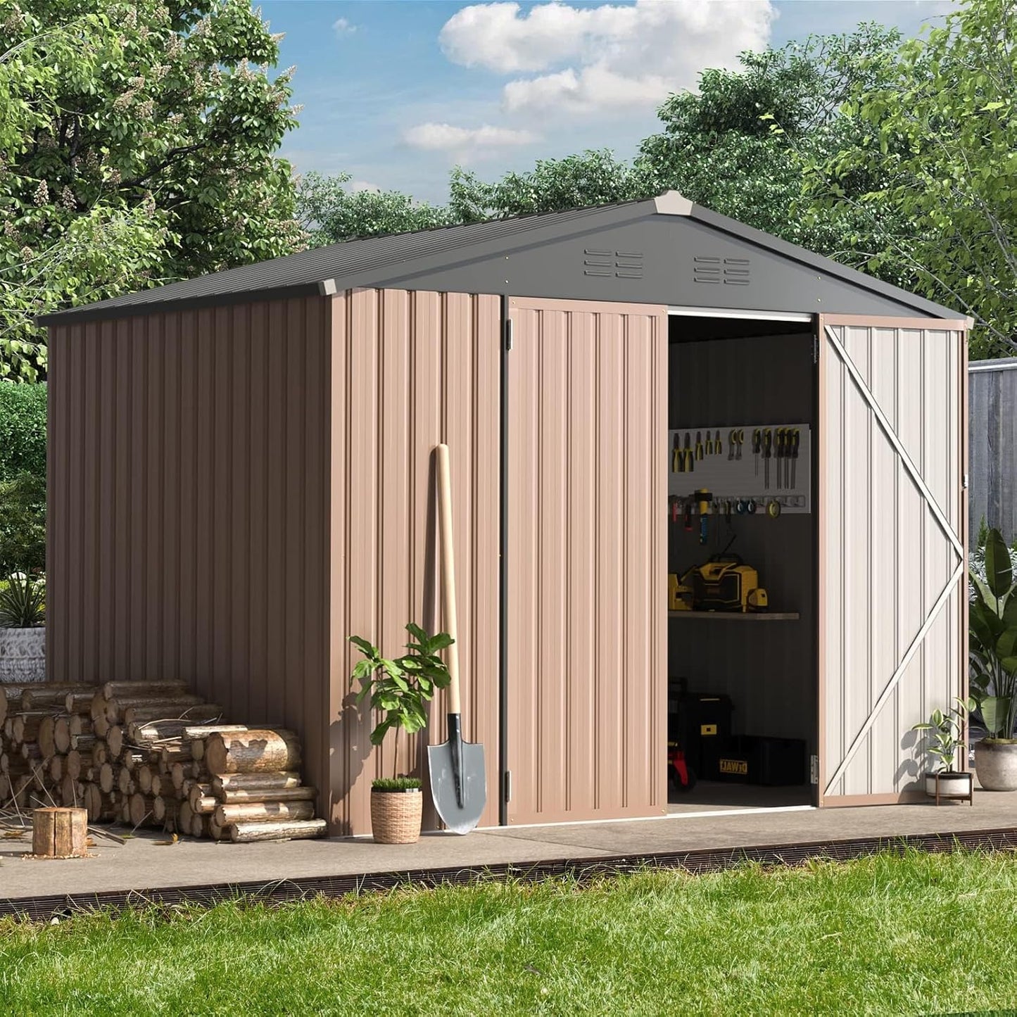 YODOLLA Outdoor Storage Shed, Bike Tool Garden Metal Sheds With Lockable Door