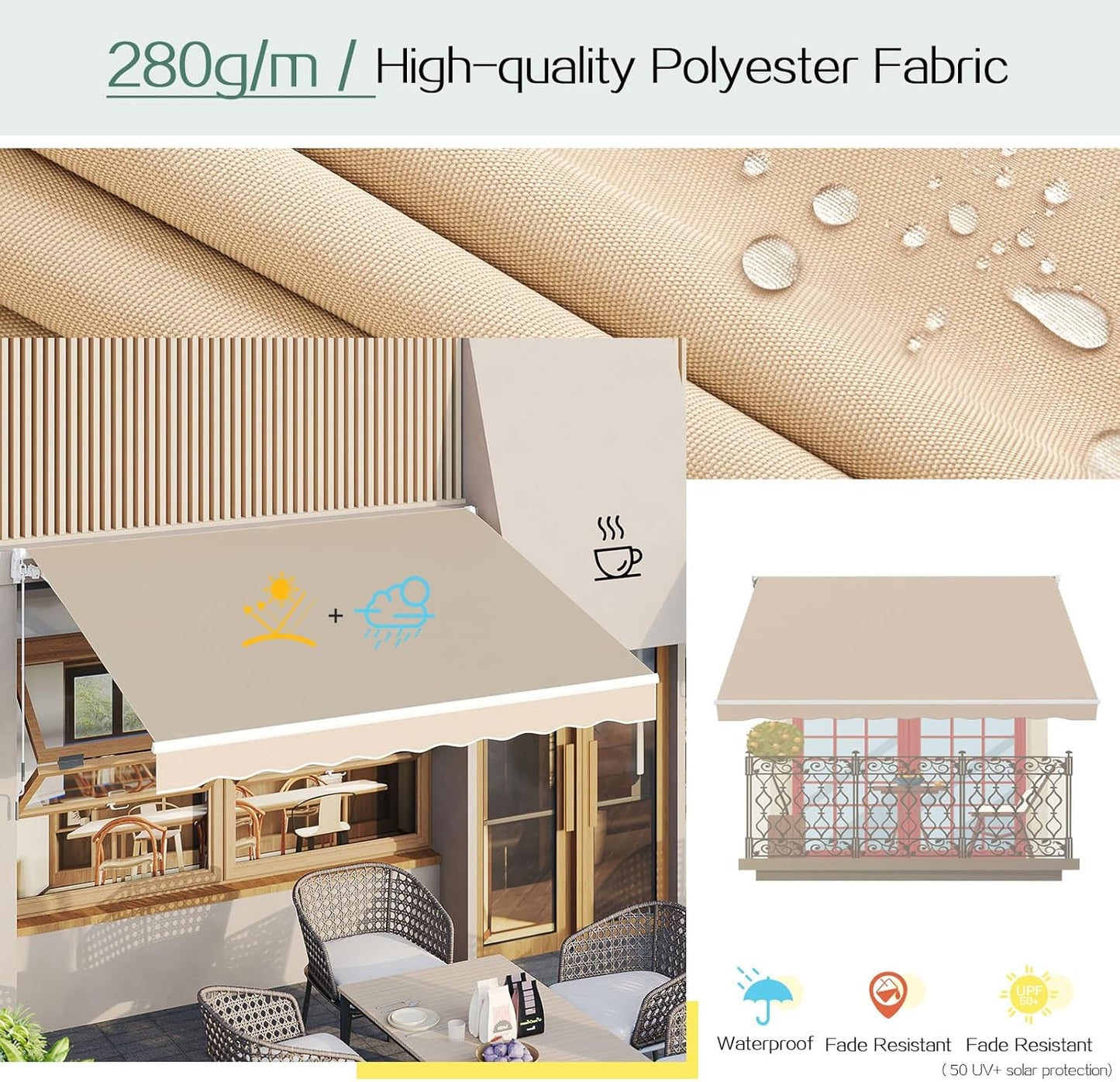 YODOLLA 2 × 2.5m Awnings for Patios Outdoor Garden Awning Canopy, Beige