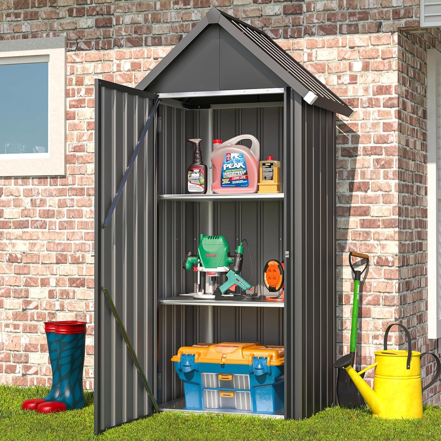 YODOLLA Outdoor Tall Garden Storage Box with 3 Adjustable Shelves
